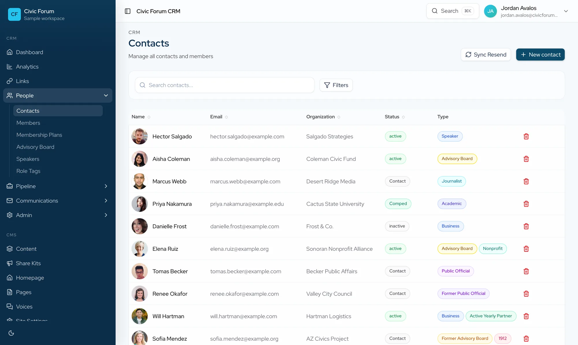 Contacts and membership management: a filterable directory of people, roles, and membership status.